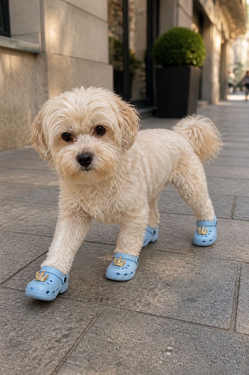 Bobby stolziert in blauen Mini-Crocs mit Krönchen